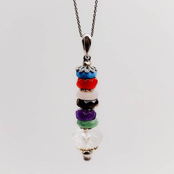 925 Italy 7 Faceted Stones Linear Drop Pendant Chakra Necklace Multicolor - Picture 1 of 9